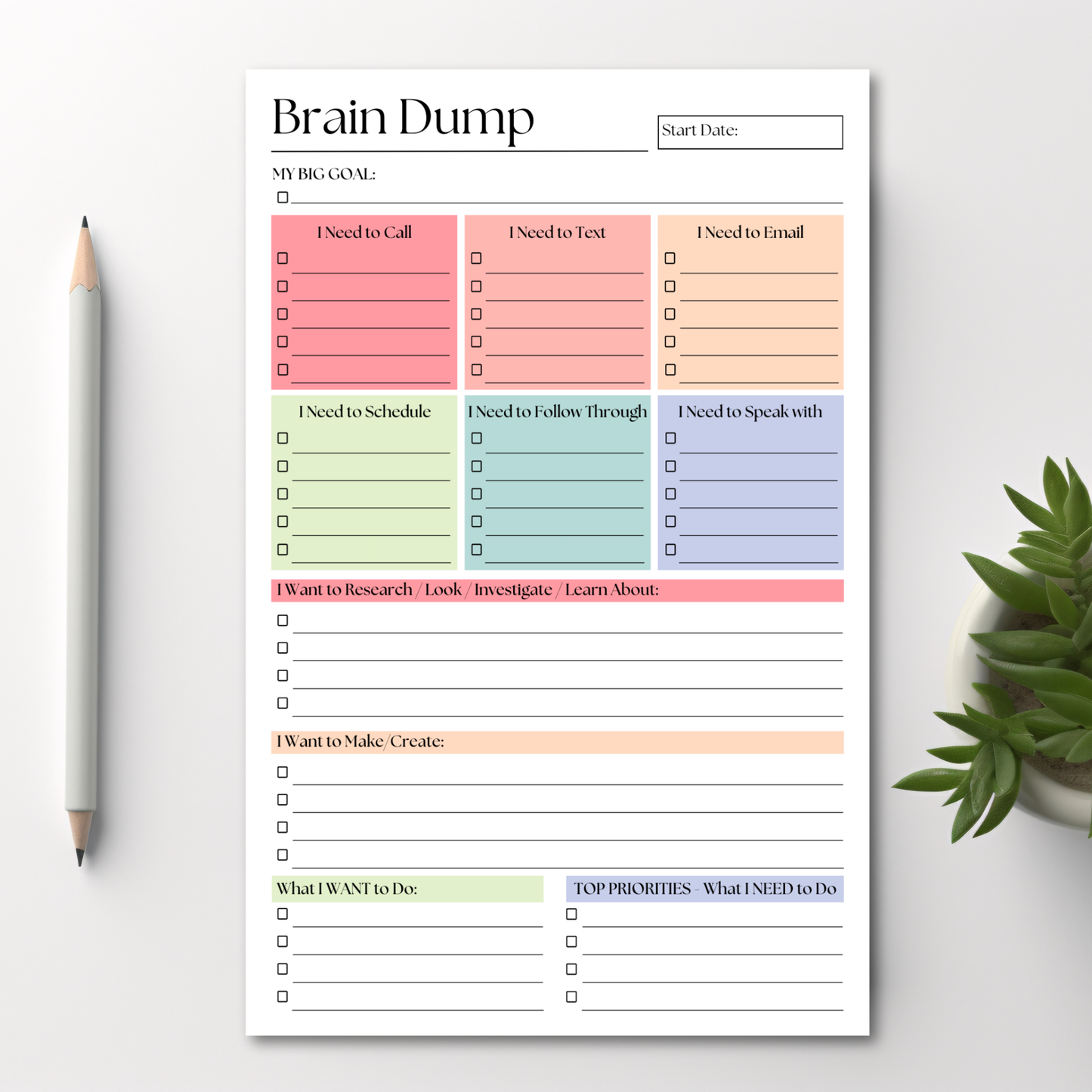 Brain Dump Notepad: 50-Page Daily ADHD Planner
