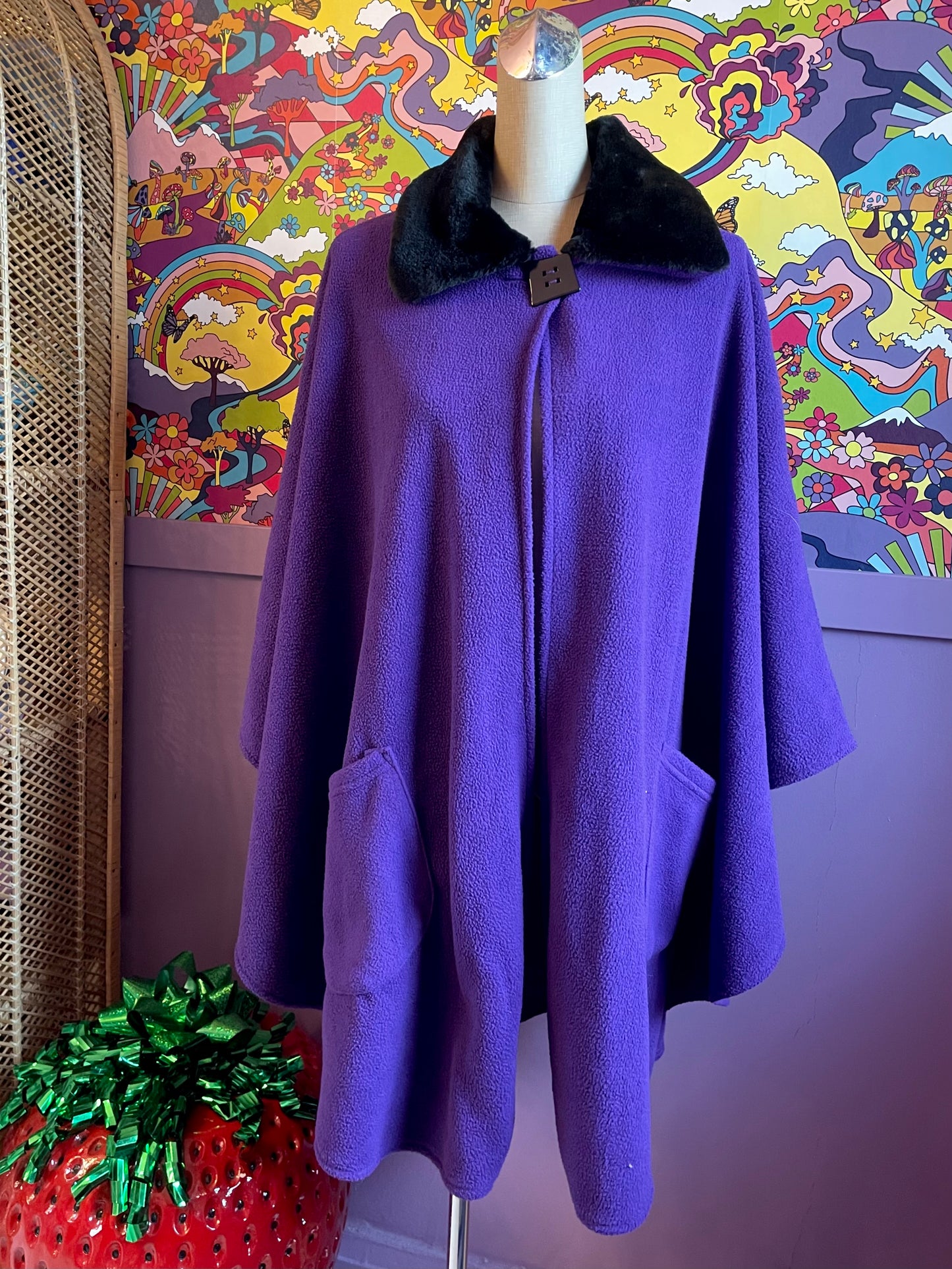 Fleece Cape with Faux Fur Collar