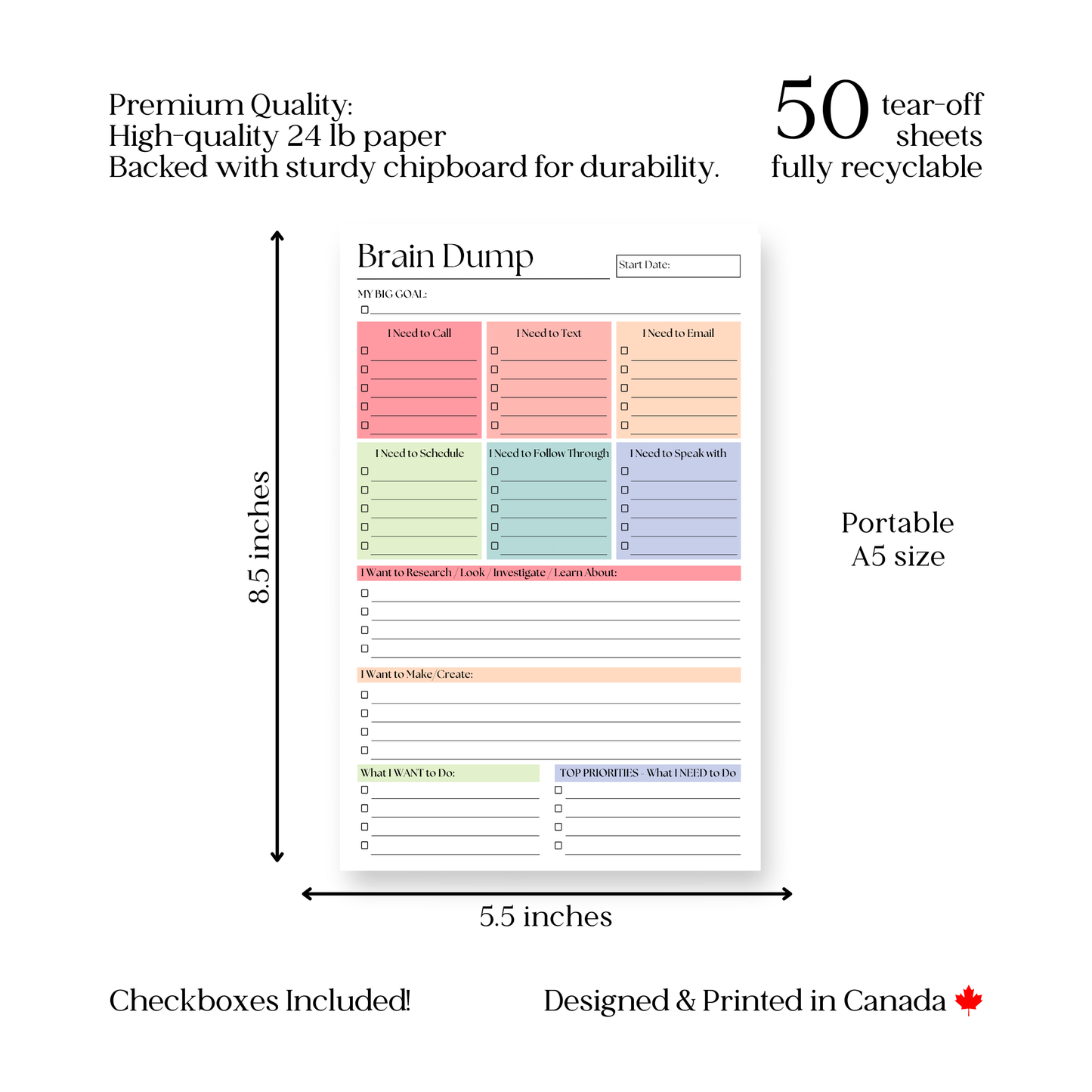 Brain Dump Notepad: 50-Page Daily ADHD Planner