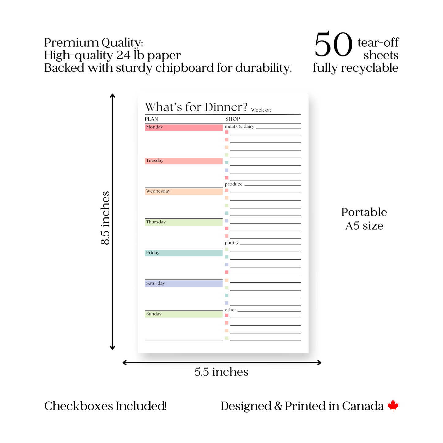 Weekly Meal Planner and Shopping List: 50-Page Notepad