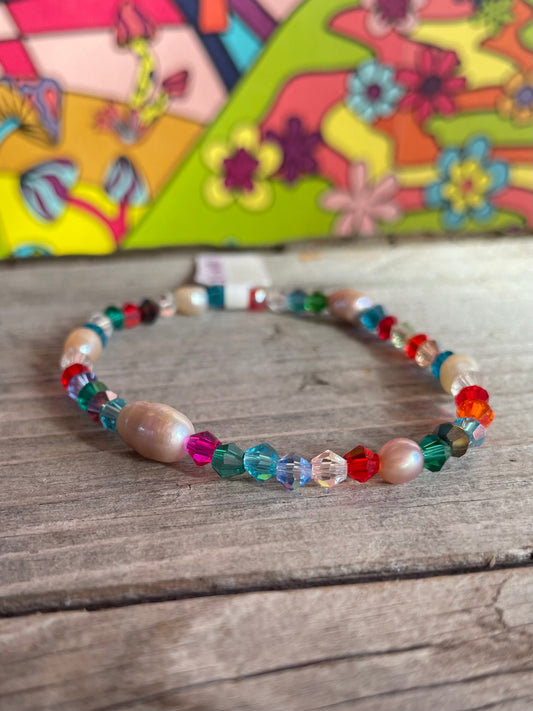 Crystal Rainbow and Pearl Bracelet