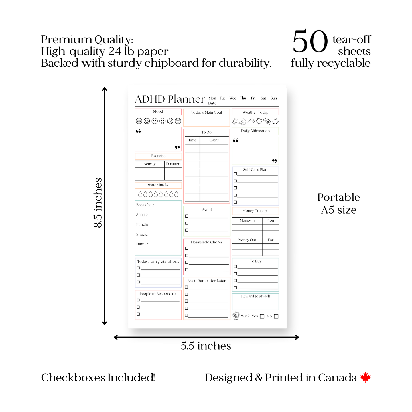 ADHD Daily Productivity Planner: 50 Page Tear-Off Notepad