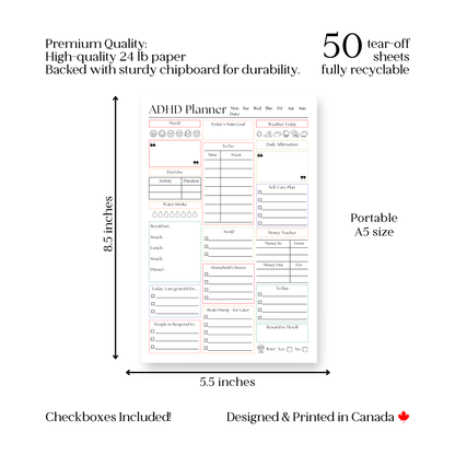 ADHD Daily Productivity Planner: 50 Page Tear-Off Notepad
