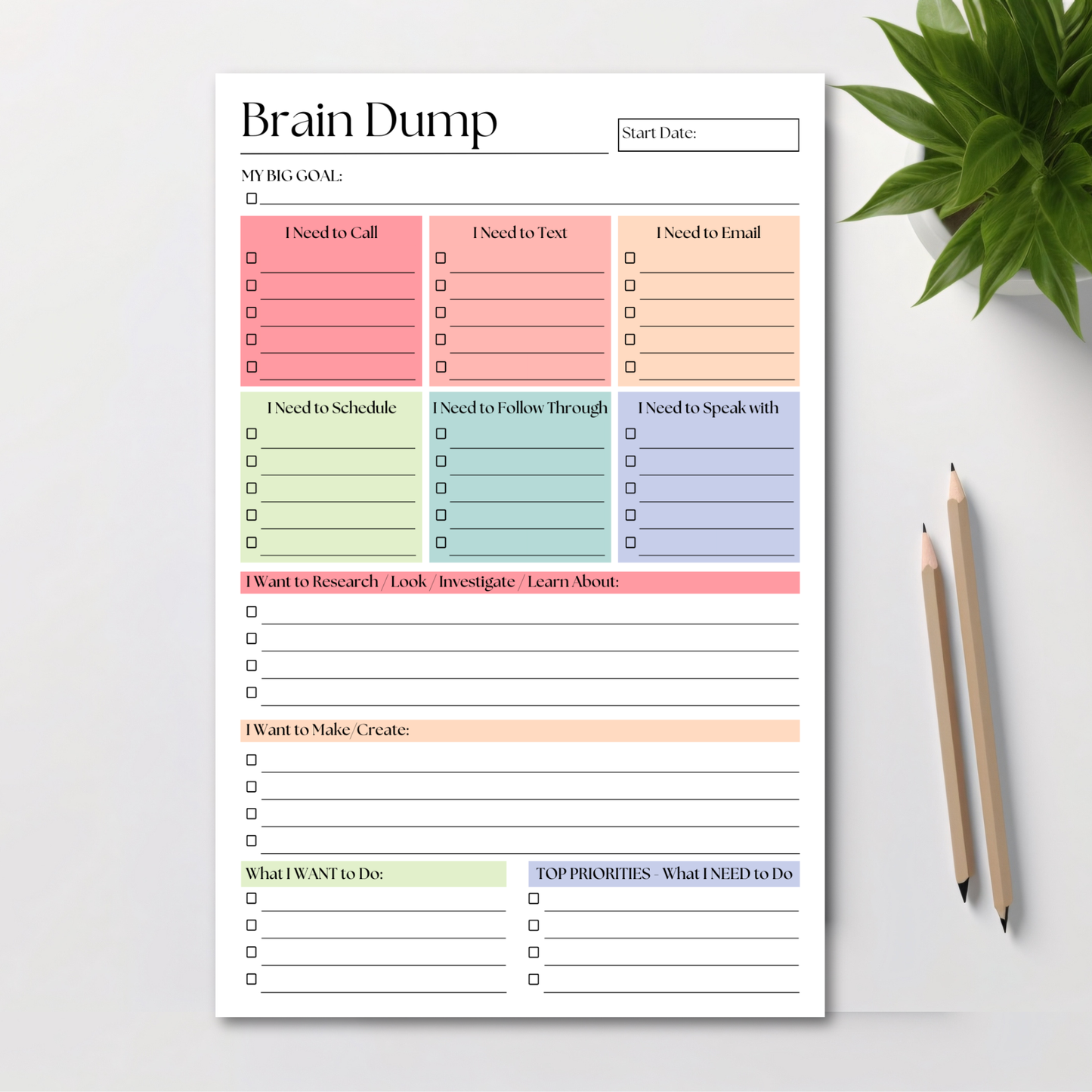 Brain Dump Notepad: 50-Page Daily ADHD Planner